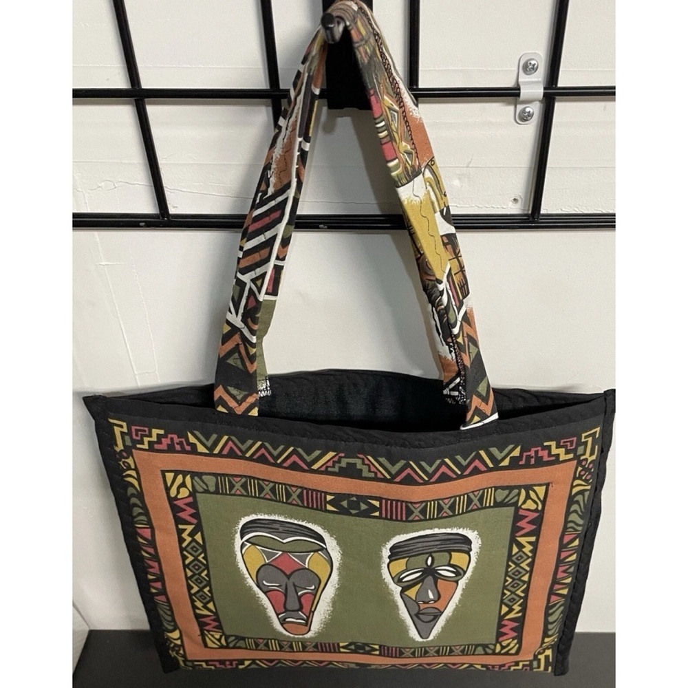 Unbranded Tribal Print Tote Shoulder Bag Black Orange 12" x 15" x 1" - Picture 2 of 6